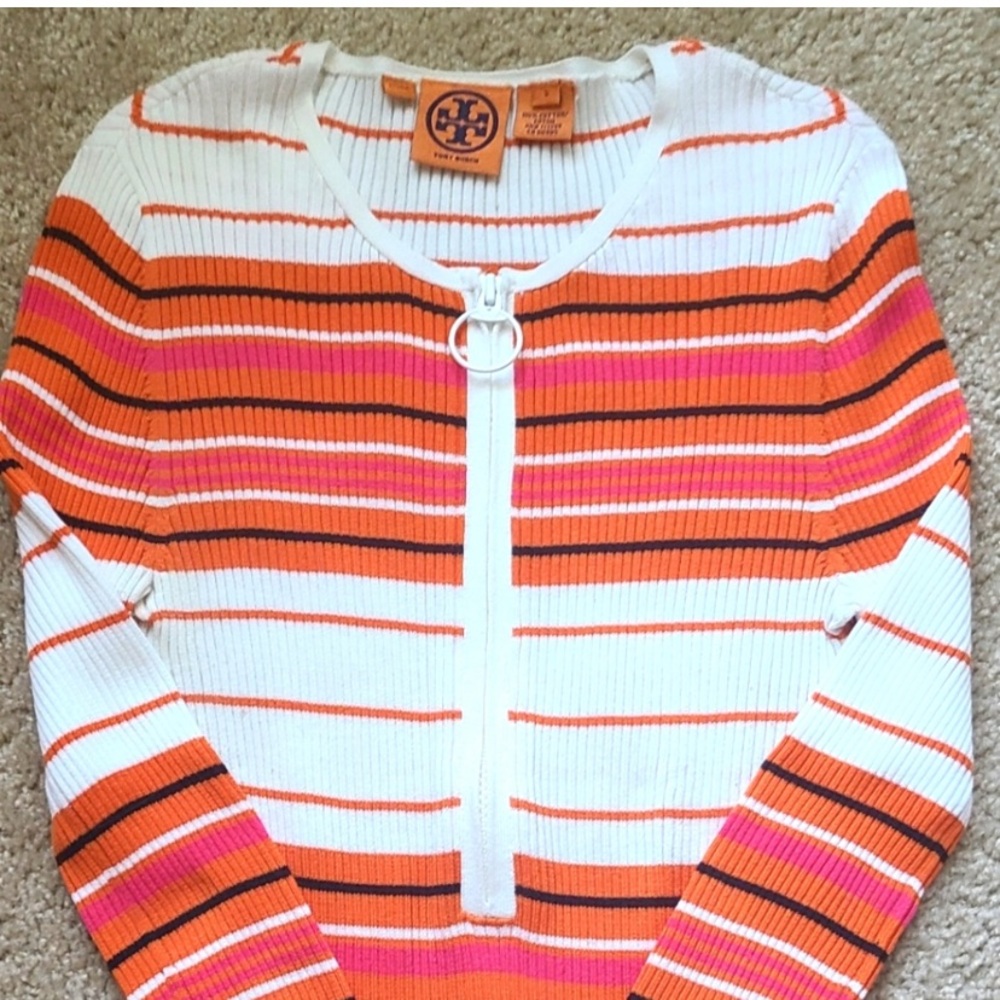 Tory Burch Striped Knit sweater with front zipper in great used condition.